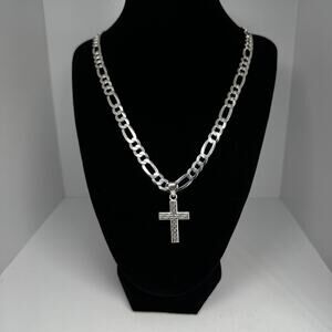925 Sterling Silver Figaro Chain Necklace with Cross Pendant 22 Inch 34g Italy